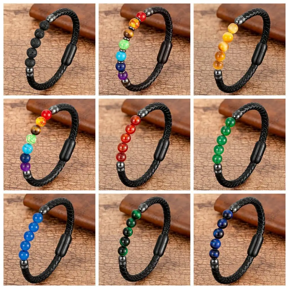 18 Style Stainless Steel Bracelet For Men Round Lava Stone 7 Chakra Beads Genuine Leather Women Bangles Couple Bracelets Jewelry