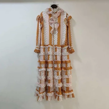 

2020 Spring Stand Collar Elegant Women Long Style Dress Single Breasted Dot Print Patchwork Cascading Ruffles Cake Dress