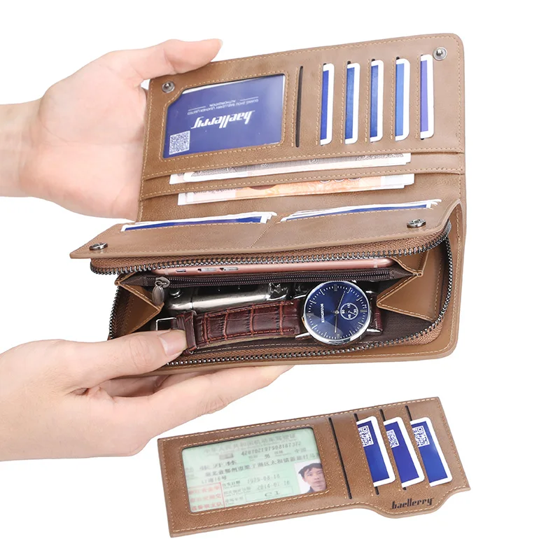 New Men Long Fashion Wallets Desigh Zipper Card Holder Leather Purse Solid Coin Pocket High Quality Male Purse 5
