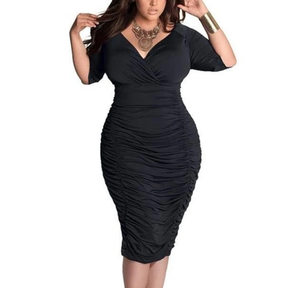 Женское платье большого размера, Ретро стиль, большой размер, Vestidos, весна-лето, винтажная одежда размера плюс, v-образный вырез, половина рукава, плиссированная одежда - Цвет: Black