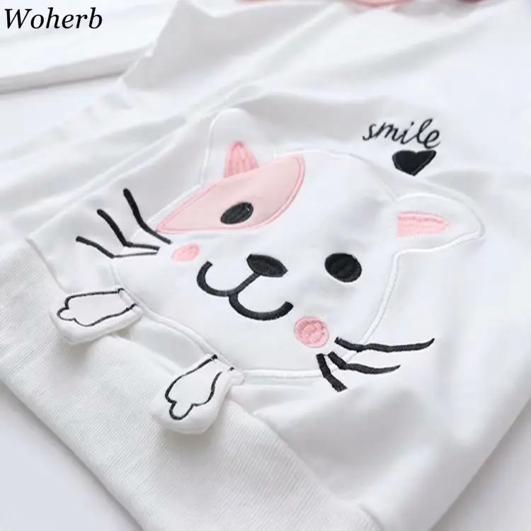 Woherb/японская Толстовка Kawaii с рисунком кота; толстовки с капюшоном и длинными рукавами; милые топы контрастного цвета для студентов; Новинка 91054 года; сезон осень