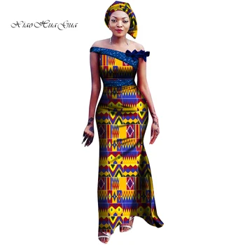 

2020 Summer African Dresses for Women Slash Neck Sexy Ankara Split Dress African Wax Print Bazin Riche African Long Dress WY6716