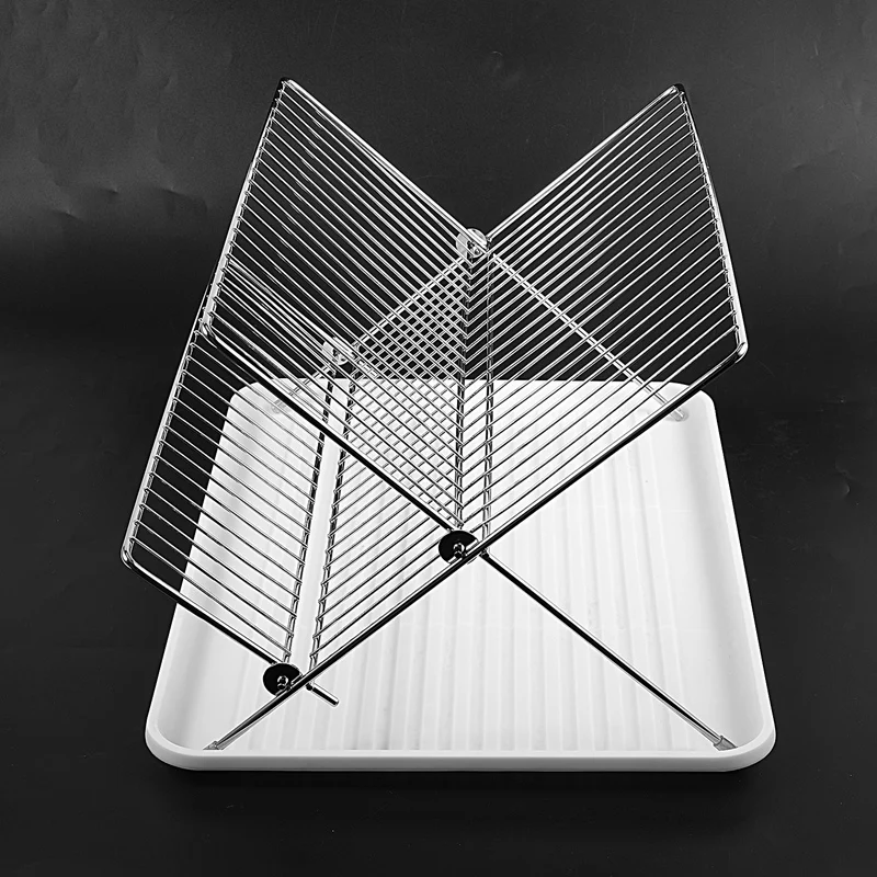 Deluxe Chrome-Plated Steel Foldable X Shape 2-Tier Shelf Small Dish Drainers with Drainboard