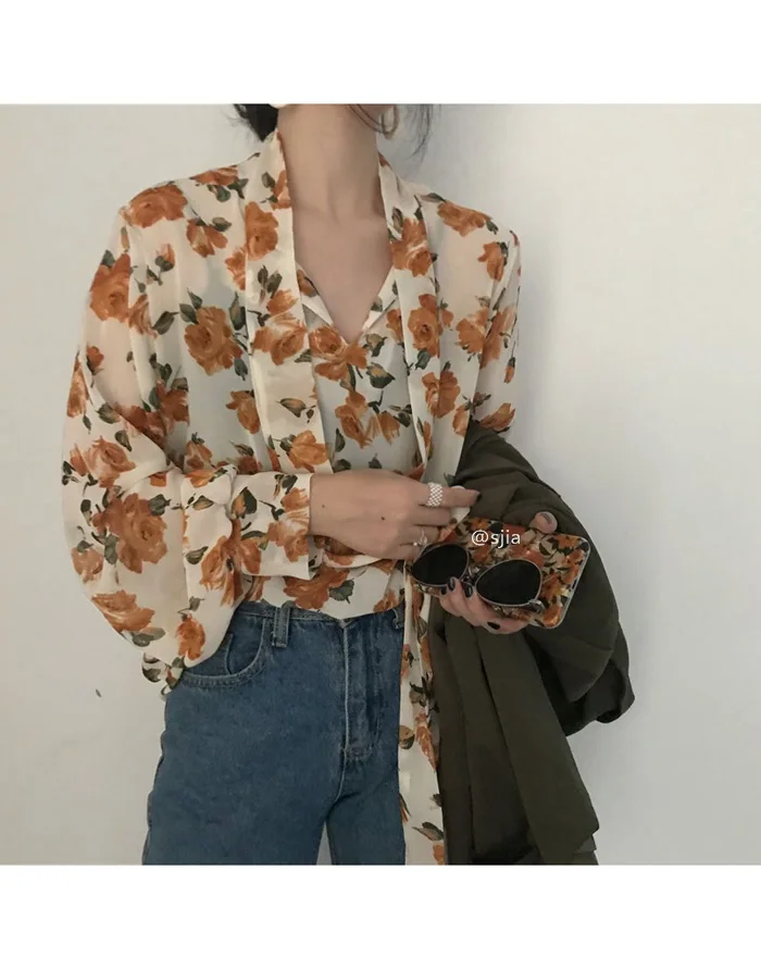 Neploe Women Chiffon Blouse Full Rose Printed Shirt Long Lantern Sleeve V-neck Elegant Tops New Fashion Lace Up Blusa 55645
