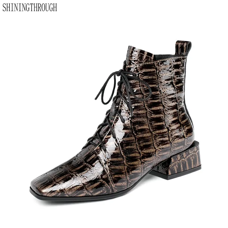

Genuine Leather Boots Women lace up square Toe Ankle Boots Autumn Winter Party Shoes Woman Motorcycle Boots size 41 42