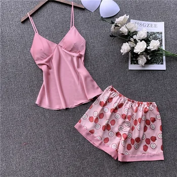 

Summer Women 2pcs Pajama Set Pink Heart Shape Dot Print Satin Lace Silk Print Camisole Shorts Set Sleepwear Lingerie Home Set