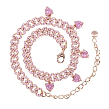 

2020 Hip Hop Iced Out Romantic Pink Necklace Paved Heart Cz With Mini Cubic Zircon Chain Women Wedding Jewelry Gift