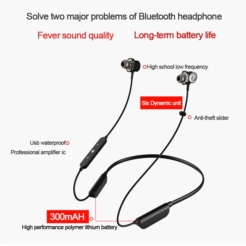 Беспроводные Bluetooth наушники 6 дисков динамические HiFi стерео наушники IPX6 водонепроницаемые с шумоподавлением Спортивные Беспроводные наушники ecouteur filaire ecouteurs avec fil auriculares con cable casque blue
