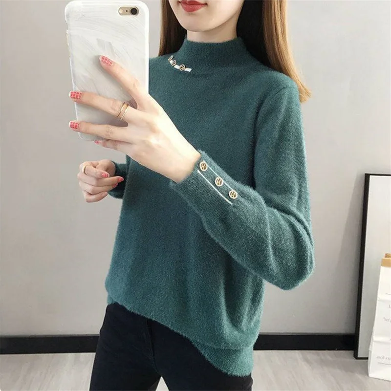 

Half High Collar Mink Fleece Sweater Women Korean 5 Color Jumper Ladies Autumn Winter Thick Long Sleeve Short Pullover Female