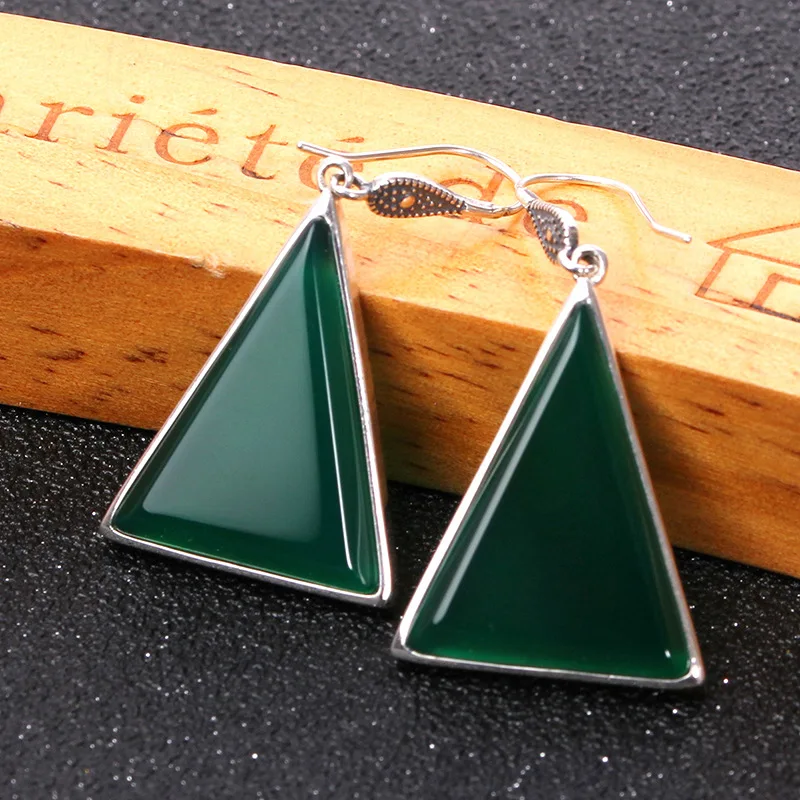 

JSH Thai Silver Accessories S925 Silver Green Agate Yellow Agate Handmade Triangular Earrings Exaggeration Glorious New Style Ea
