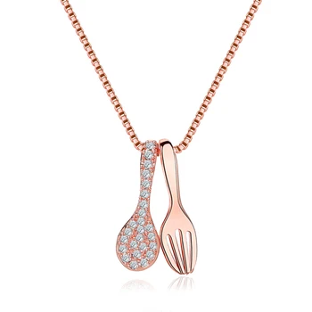 

Rose Gold White Alloy Copper Pendants Necklace For Women Bling Starry Clear Crystal Spoon Fork Shape Neck Chains