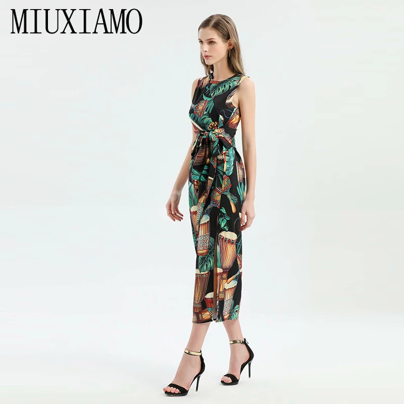MIUXIMAO, высокое качество,, подиум, дизайнерское, весеннее платье, с принтом в виде барабанов, с листьями, элегантное, повседневное, Пляжное платье, длинное платье для женщин, vestidos