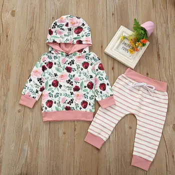 

Infant Baby Kid Girl Floral Hooded Top Striped Pants Autumn Winter Clothes