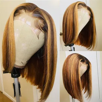 

Ombre Brown Highligh Colored 13x4/6 Transparent Lace Blunt Cut Short Bob With Baby Hair U part Wig Middle Ratio PU Wig
