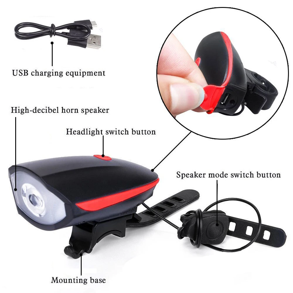 2 IN 1 LED Bike Light With electric Bell trembler buzzers horn switch Cycling Bicycle Lamp Battery Built-in USB Charging