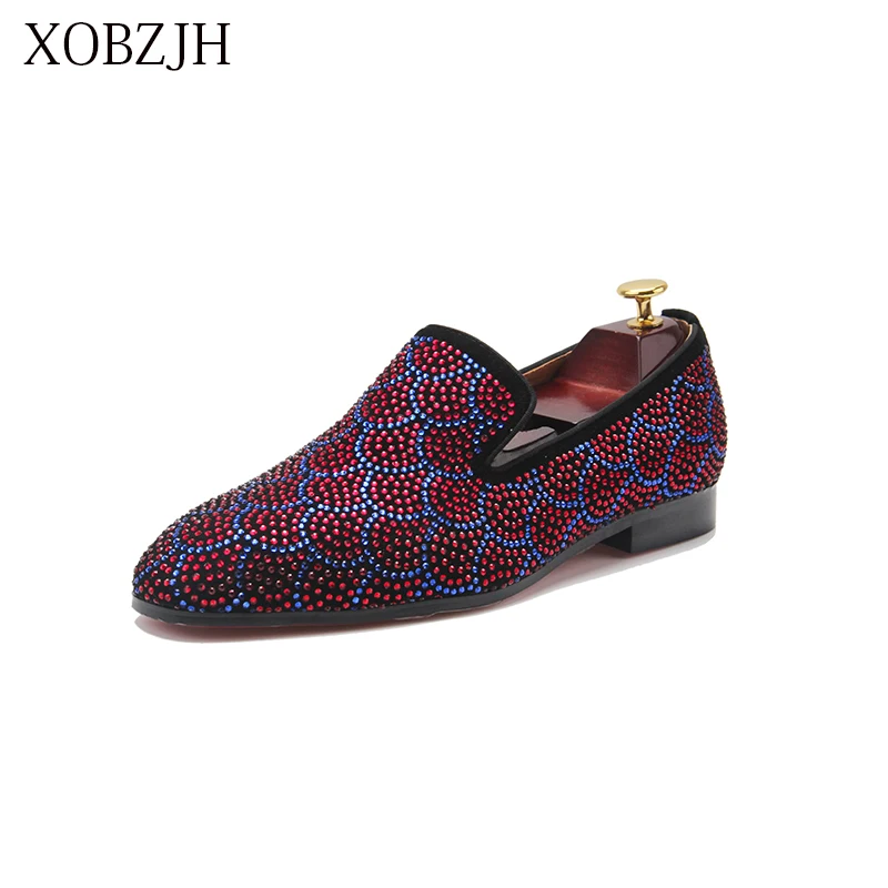 XOBZJH 2019 Shoes Male Loafers Summer Men Luxury Prom Wedding Red Rhinestone Shoes Italian Red Bottom Slip On Shoes DHL Shipping