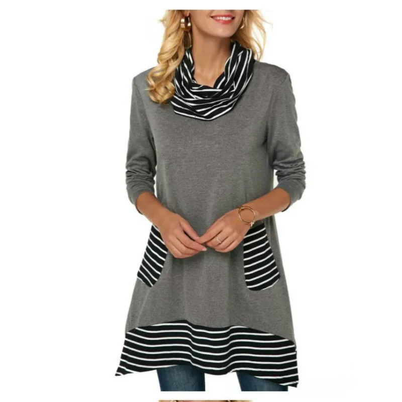 Модная футболка Zwart Wit Gestreepte Vrouwen Lange Mouw, Coltrui Vrouwelijke, футболка Zomer Elegante Losse, повседневные футболки Grote Maat