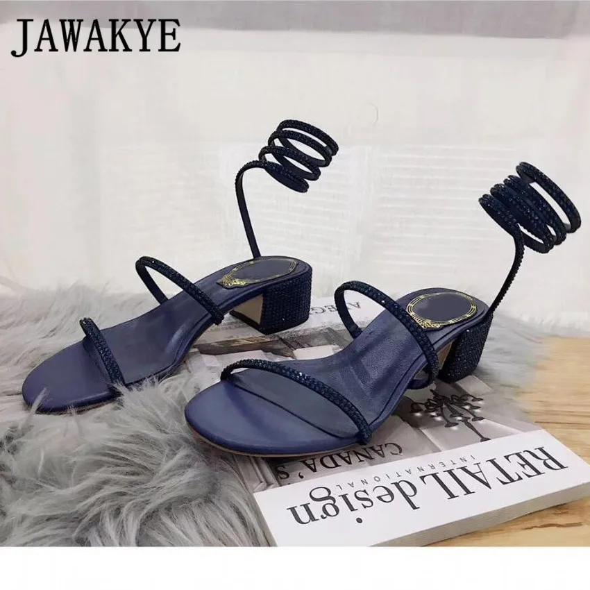 JAWAKYE/сандалии-гладиаторы с ремешками на лодыжке; женские сандалии со стразами на квадратном каблуке; летние туфли для вечеринок на низком каблуке; Цвет телесный, зеленый
