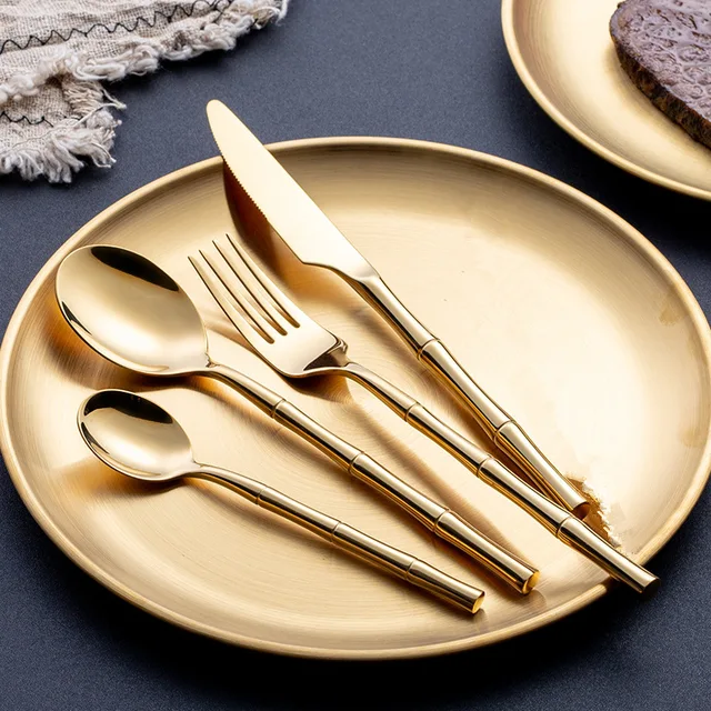 KuBac Hommi Cutlery Set Stainless Steel Steak Knife Fork Bamboo Design Golden Dinnerware Set Silver Cutlery Set 24pcs Gold(6 Sets 24pcs)