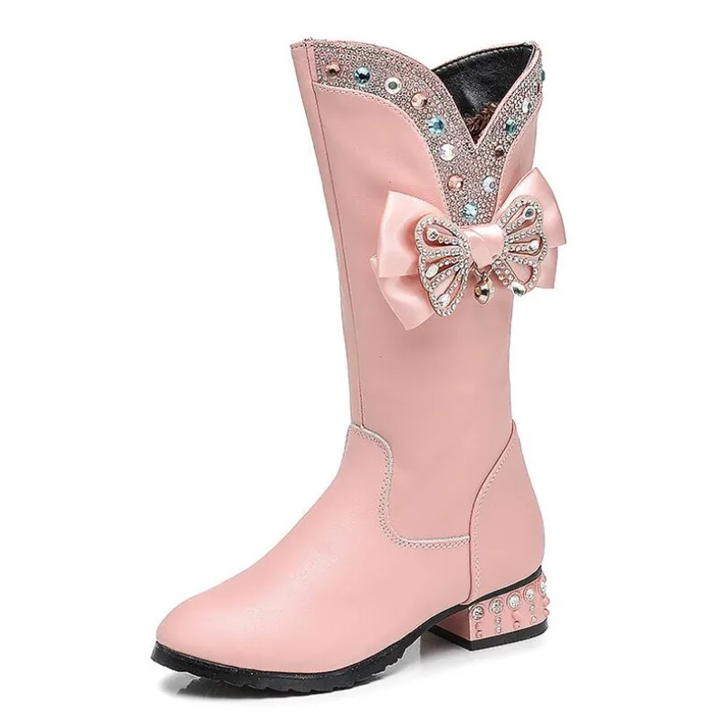 Weoneit/осенне-зимние ботинки для девочек детская обувь принцессы детская обувь с хлопчатобумажными стельками зимние ботинки высокие ботинки 4 цвета, CN 28-40 - Цвет: pink with velvet