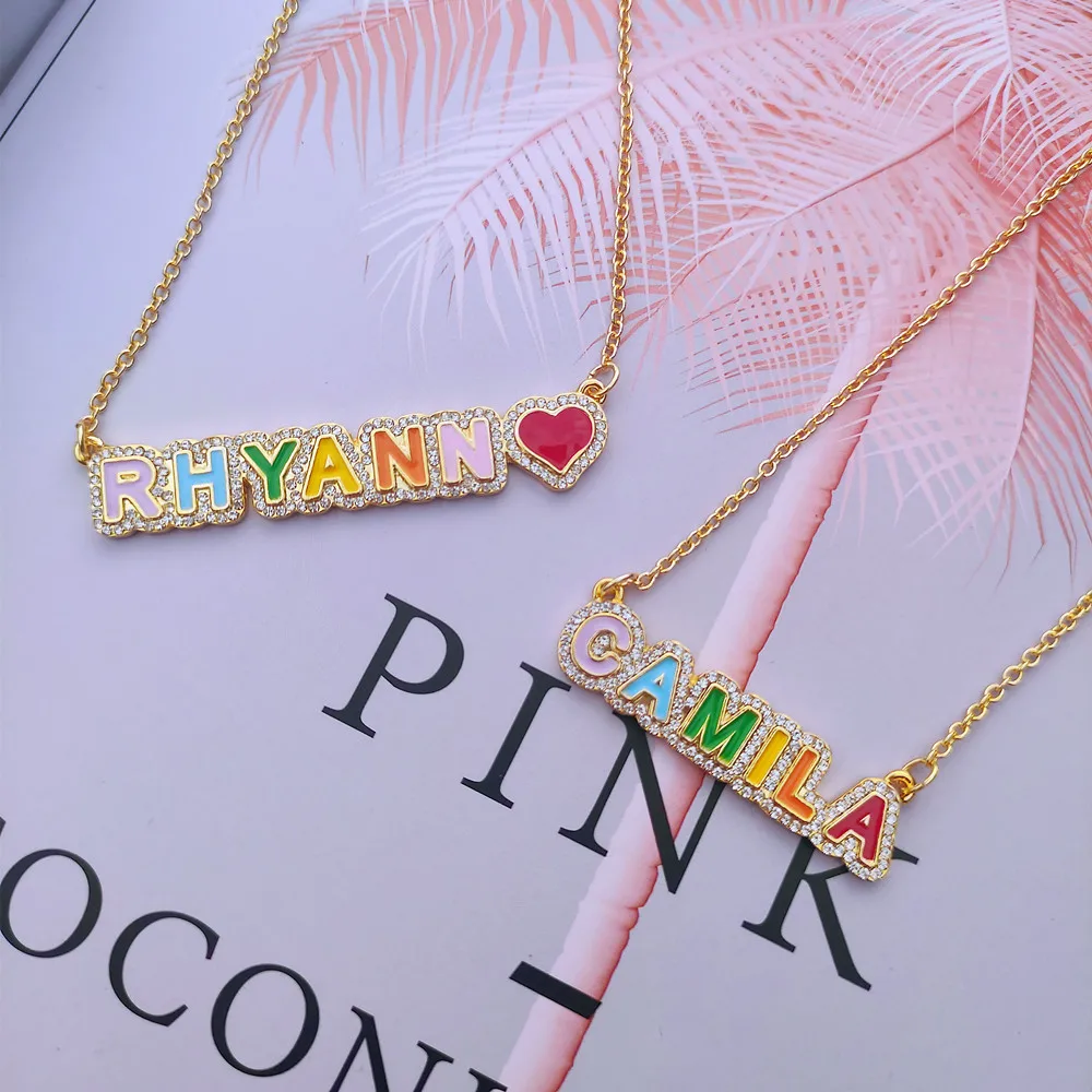 DUOYING Rainbow Pave Outline Enamel Necklace Personlized Custom Enamel Name Necklace Colorful Enamel Nameplate Pendant Jewelry bamoer 925 стерлингового серебра кобра u образные ушные пряжки змеиный обруч серьги для женщин pave setting cz fine jewelry