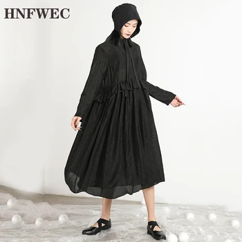 

2020 New Spring Summer Lapel Long Sleeve Black Loose Waist Ruffles Split Joint Loose Dress Women Fashion Tide Q592