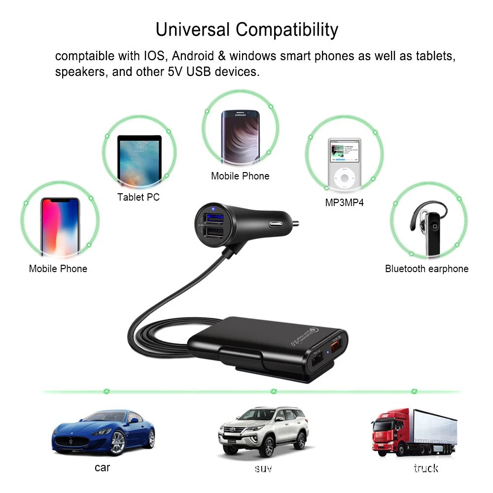 4 USB Автомобильное зарядное устройство с линией многофункциональное переднее заднее сиденье адаптер QC3.0 автомобильное USB быстрое зарядное устройство для iPhone samsung Xiaomi huawei