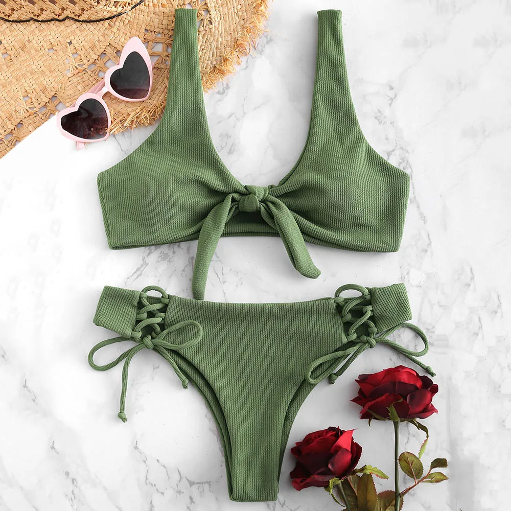  ZAFUL Ribbed Knotted Lace Up Bikini Set Plunging Neck Push Up Swimsuit Padded Swimwear Women Solid 