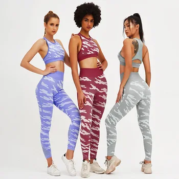 

2 Piece Multicolor Camouflage Yoga Sets Slim Fit Crop Top Jogging Suits High Elastic Gym Clothing Quick Drying Women Workout