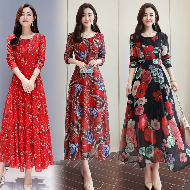 

2019 Spring Clothing New Style Chiffon Floral Commuting Crew Neck Medium Waist Big Hemline-Shaped Long Sleeve Long Skirts Ladies
