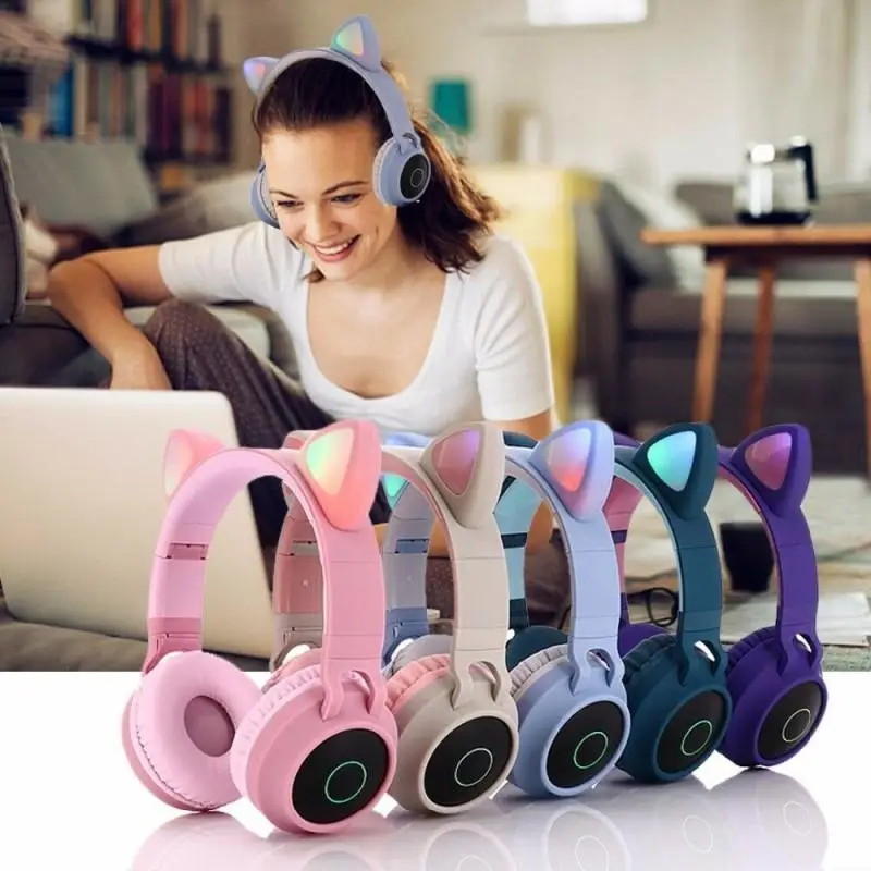 Cat Ear Baby Headphones Headset Wireless Bluetooth 5 0 Stereo Universal Ear Kids Gaming Flashing Glowing With Microphone