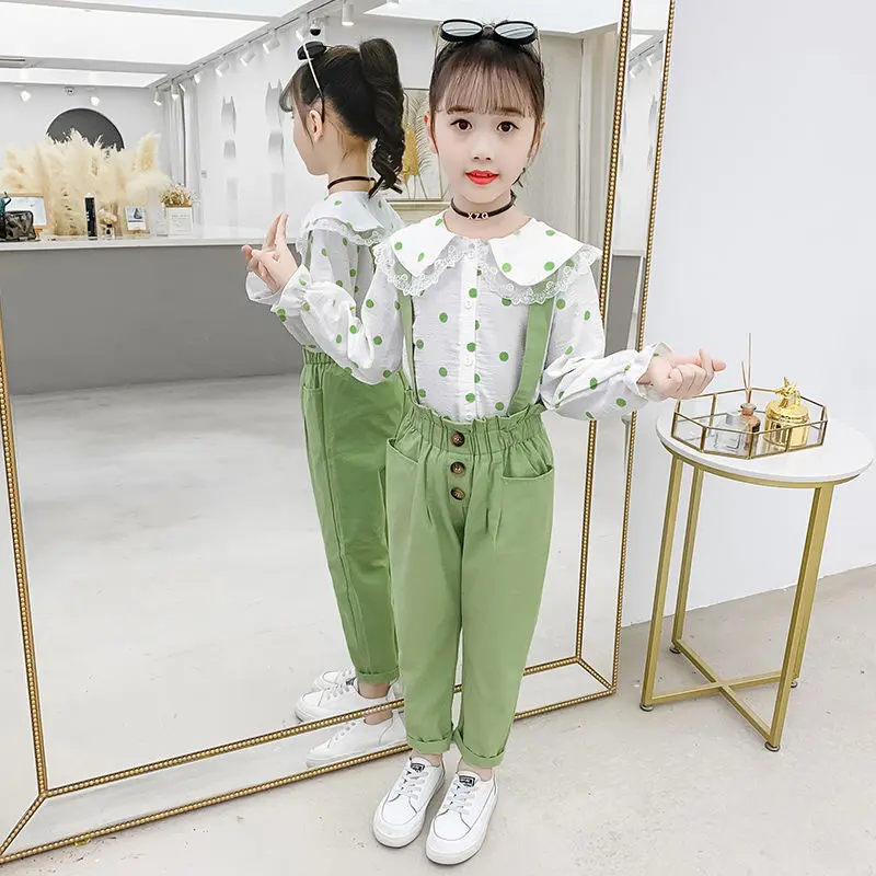 

Spring Fall Clothes for Girls Lace Flower Costume for Girls Dot Shirts+Jumpsuit Girls Clothes Set Casual School Kids Tracksuit