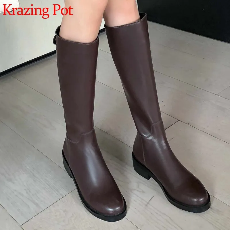 

Krazing Pot European style cow leather knight boots round toe med heels back zip winter daily wear women thigh high boots L62