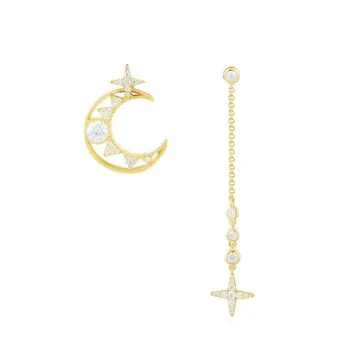 

Luxury Brand 925 Sterling Silver Yellow Gold Color 5A Cubic Zirconia Asymmetric Star and Moon Earrings Women Fashion Jewelry