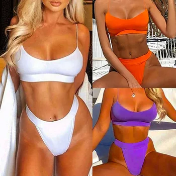 

2020 New High Waist Solid Color Bikini Set Swimsuit Bathing Suit Swimwear Beachwear For Women