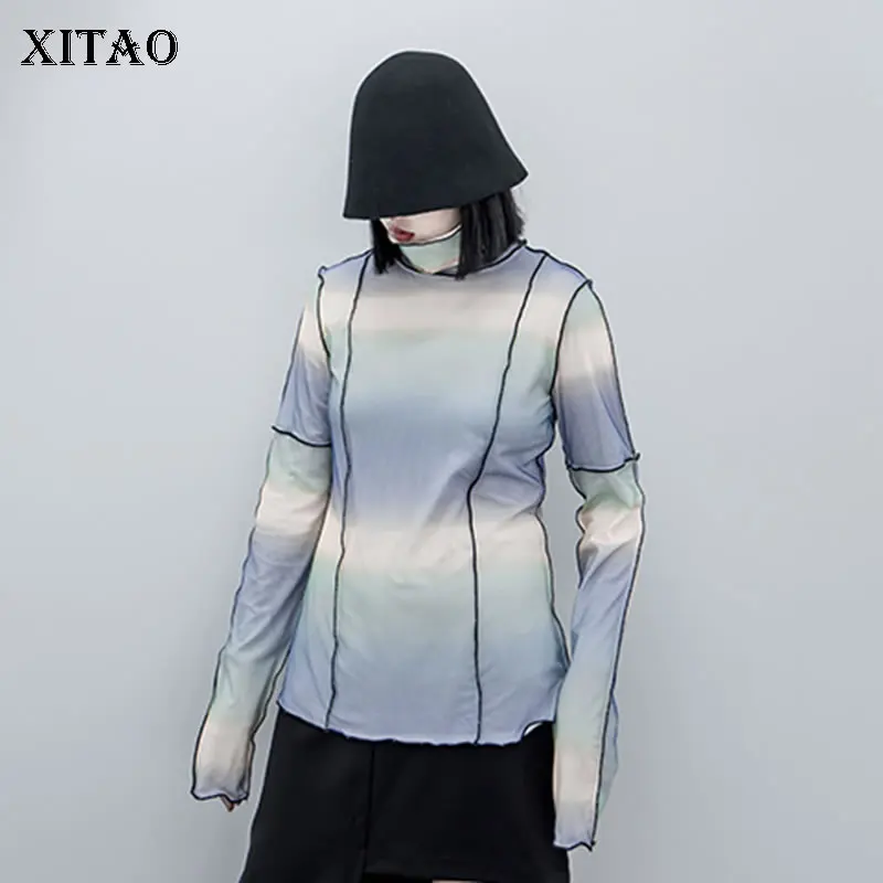 

XITAO Mesh Sheath T Shirt Women Fashion New 2019 Autumn Turtleneck Patchwork Elegant Pullover Goddess Fan Casual Tee Top WLD2789
