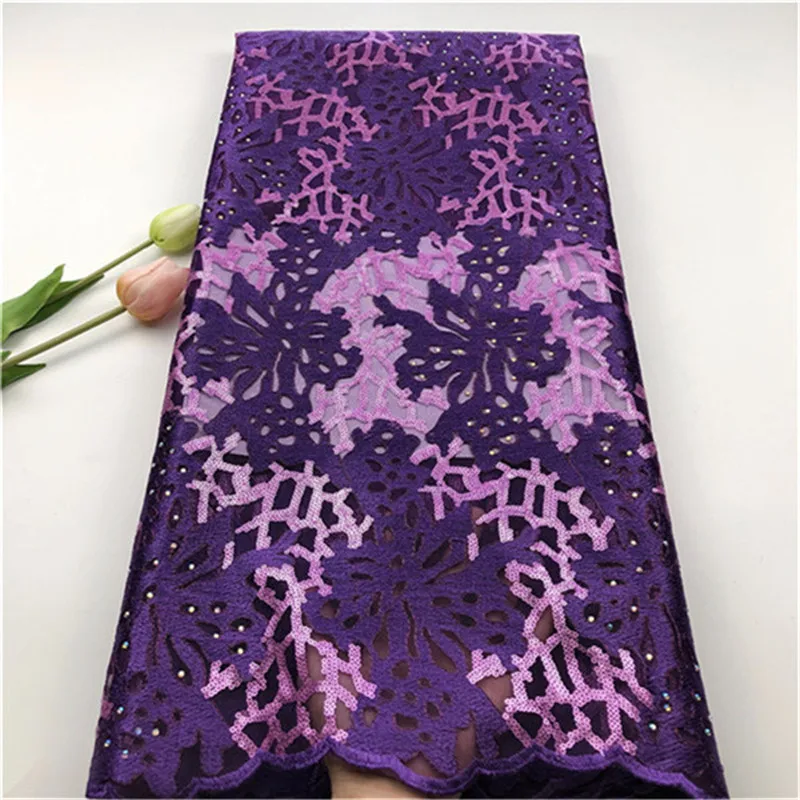 

2019 Latest Nigerian Fabric Sequins Embroidery Purple Lace Fabric High Quality African French Lace Fabric For Wedding