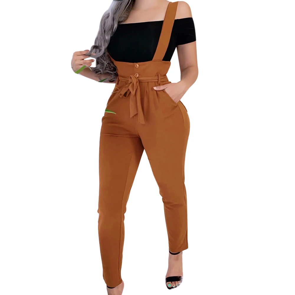

MoneRffi 2020 Women Long Pants Bandage Design Button Pockets Decor High Waist Pencil Pants Lady Slim Hips Shoulder Straps Pants
