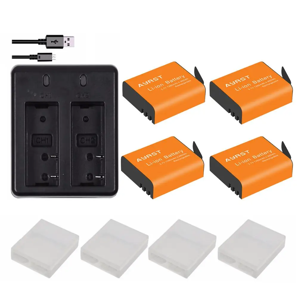4 Uds 1350mAh PG1050 SJ4000 PG900 batería + cargador Dual USB para SJCAM SJ5000 SJ6000 SJ8000 M10 EKEN 4K H8 H9 GIT-LB101 baterías