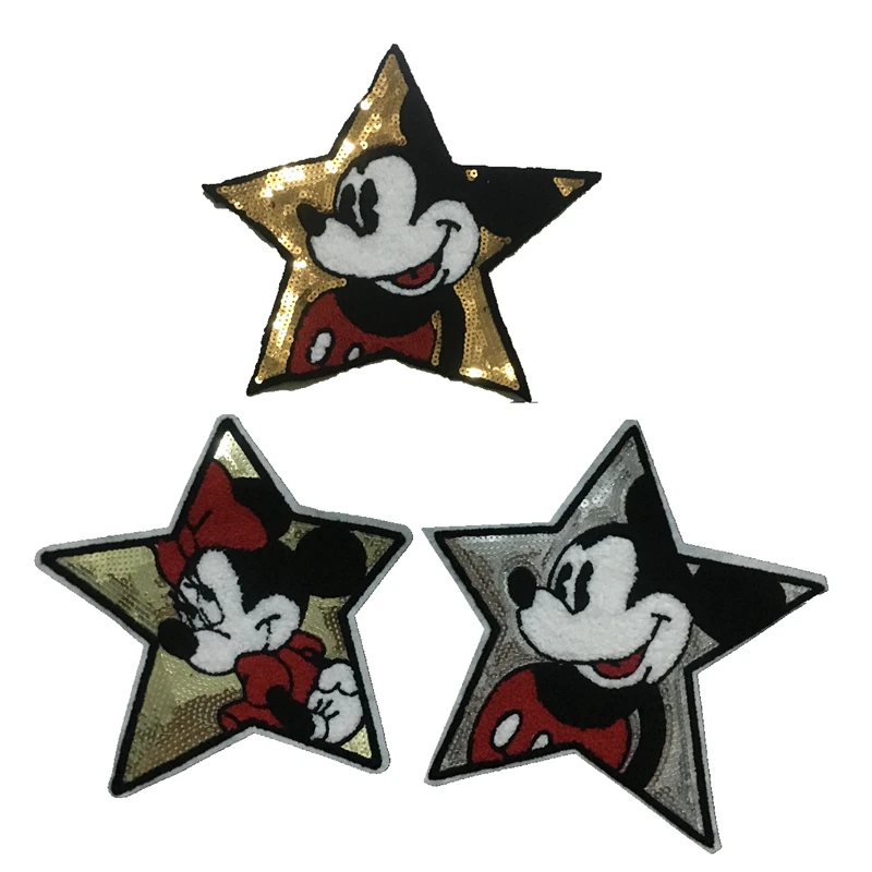 

2 Pieces/lot Five Star Mickey Minnnie Sequined Sew on Patches for Clothes DIY Sewing Accessories Cartoon Mouse Sequins Patch