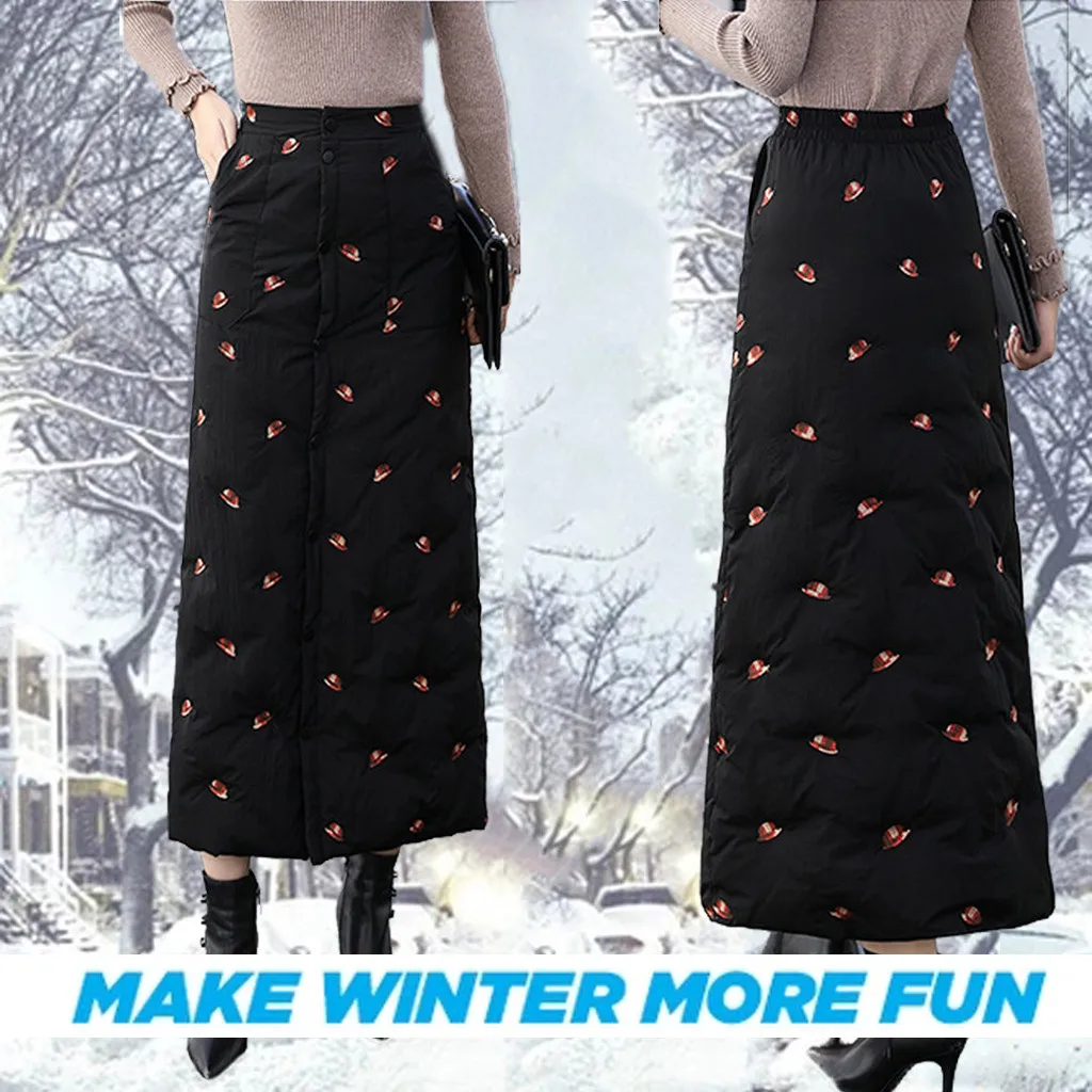 Женская Толстая теплая длинная кавайная юбка с высокой талией и пуговицами, черная теплая пуховая юбка, сексуальная юбка, юбки для женщин