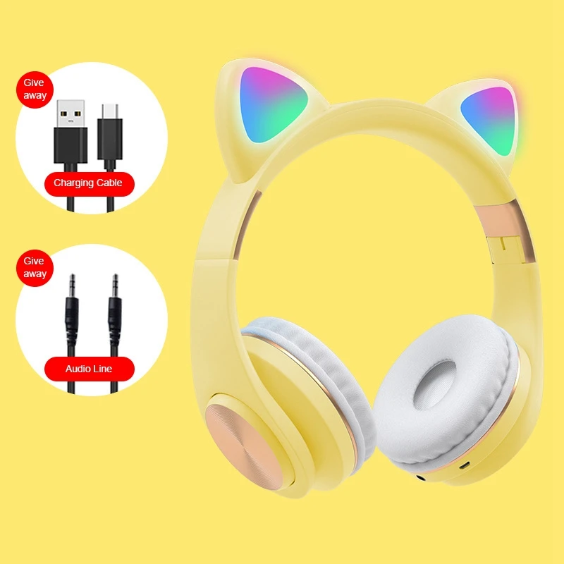 Bluetooth Headphones Cat Ear LED Light Up Wireless Foldable Headphones over Ear for Smartphones Laptop PC TV
