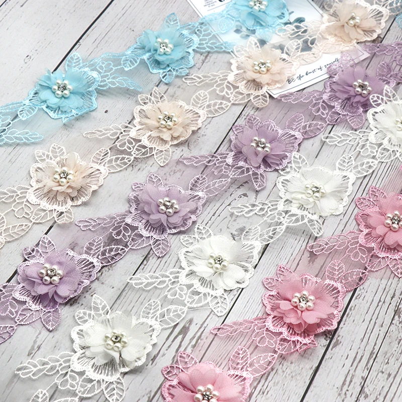 Lace Sewing Supplies Pearl Flower Organza Lace Trim Knitting Wedding Lace Embroidered DIY Patchwork Ribbon
