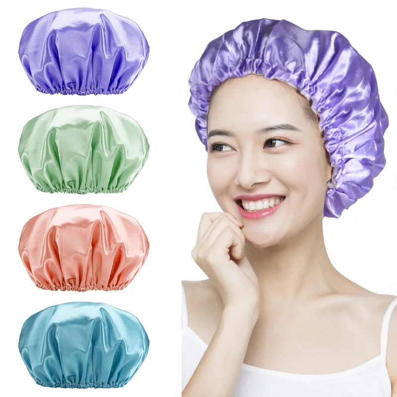 Double Waterproof Colour Ding Bath Cap With New Plain Colour Lining for Adult Women