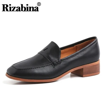 

RIZABINA Spring Autumn Women Flats Shoes Real Leather British Style Square Toe Solid Color Lazy Shoes Mujer Shoes Size 34-40