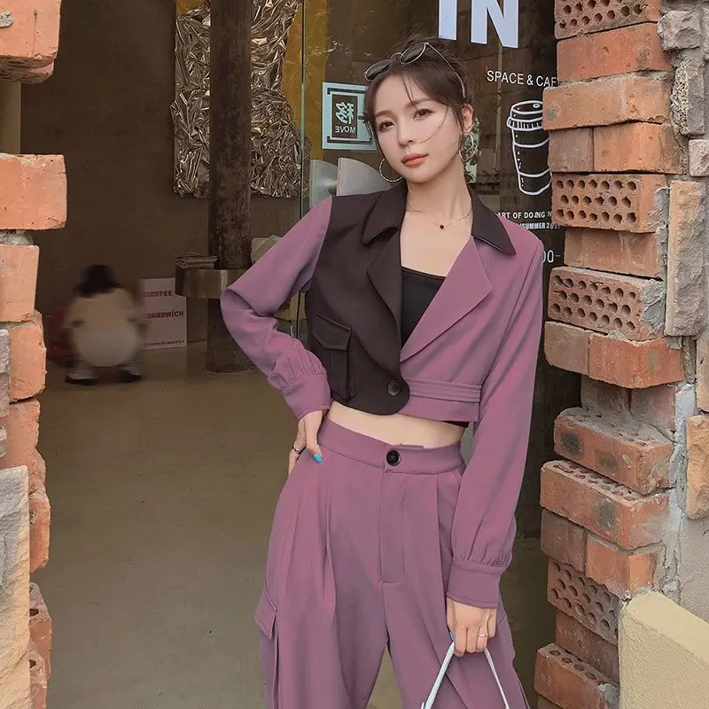 

Женские костюмы в стиле пэчворк, модные милые корейские офисные короткие брюки-карго с отложным воротником и одной пуговицей, комплект из 2 предметов для весны и осени