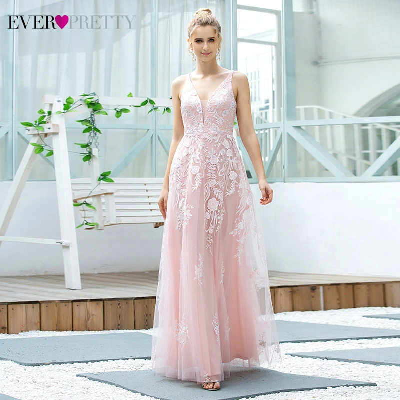 Pink Floral Lace Prom Dresses Ever Pretty A-Line Deep V-Neck Sleeveless Appliques Tulle Draped Long Party Gowns Vestido Festa