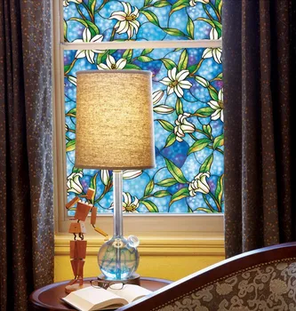 

Lily Pattern Stained Window Sticker Static Cling Mixed-Color Privacy Protection Multiple Size For Bedroom Bethroom Living Room