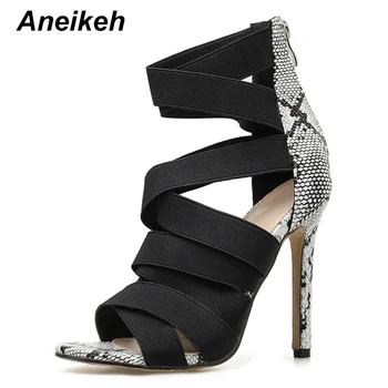 

Aneikeh Fashion Women Ankle Boots Hollow Out Stretch Fabric High Heels Shoes Woman Pumps Open toe Sexy Sandals Boots Mujer Black