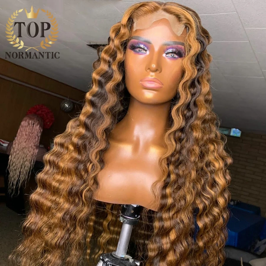Topnormantic destaque cor remy perucas de cabelo humano para as mulheres onda profunda 13x4 perucas da parte dianteira do laço com cabelo do bebê